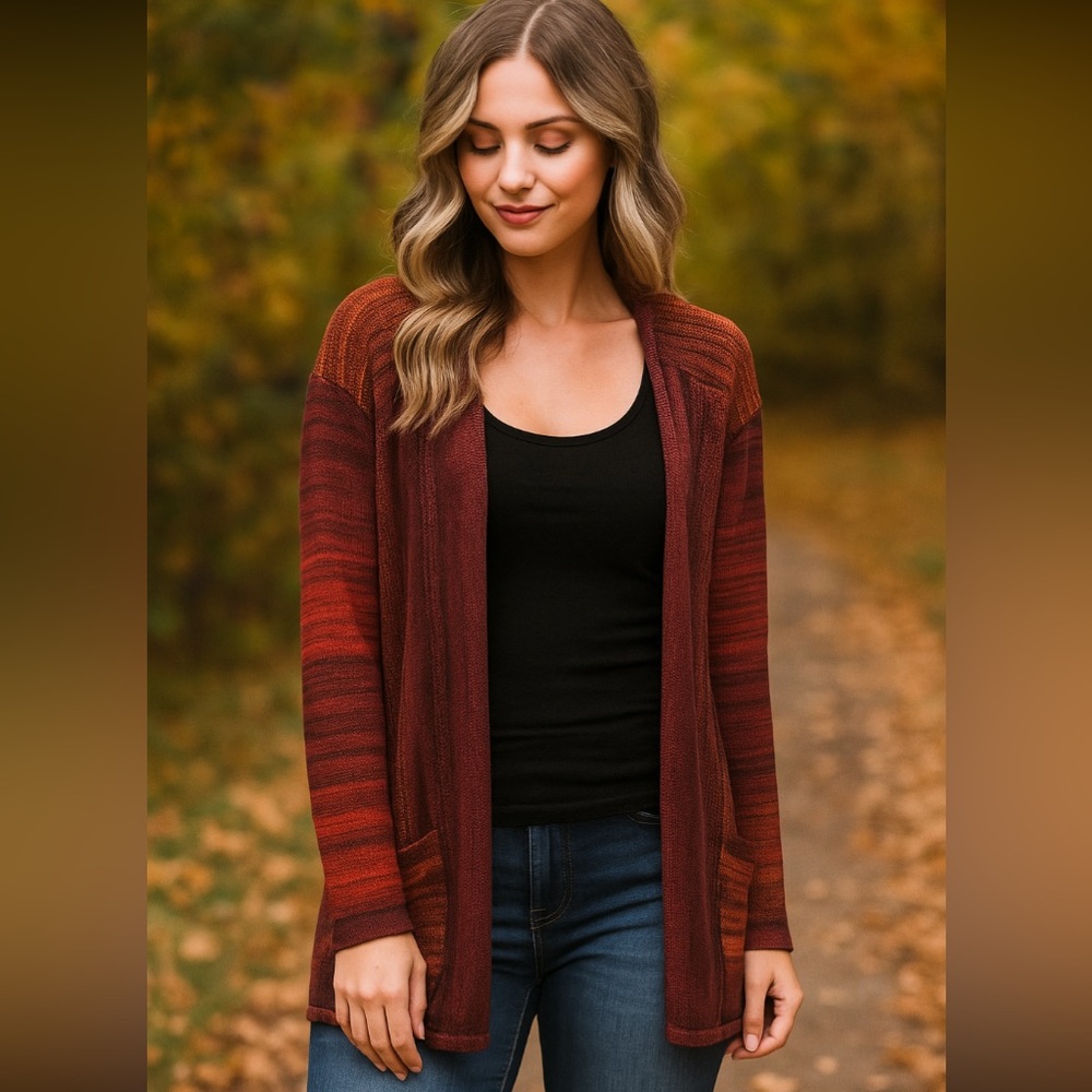 J Jill Open Front Longline Cardigan Sweater Wool Blend Port Mt Small Red Orange